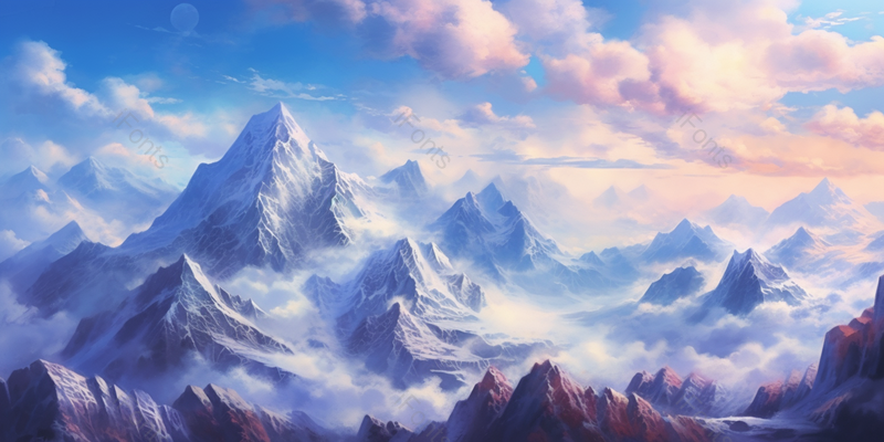 中国风意境插画险峻的山峰白雪覆盖白云白雾缭绕,插画/手绘图,插画/手绘图库,插画/手绘图下载,插画/手绘